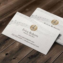 Small Music Teacher Gold Clef Logo Classy Linen Musical Business Invitations Front View