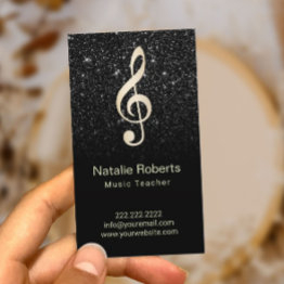 Small Music Teacher Musical Clef Logo Black Glitter Business Invitations Front View