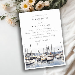 Small Muted Coastal Boats At Harbor Seascape Wedding Invitation Front View