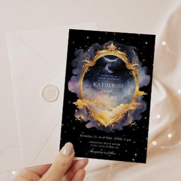 mystical celestial blue gold wedding invitation