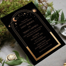 Small Mystical Chic Black Gold Star Moon Astronomy Space Invitation Front View