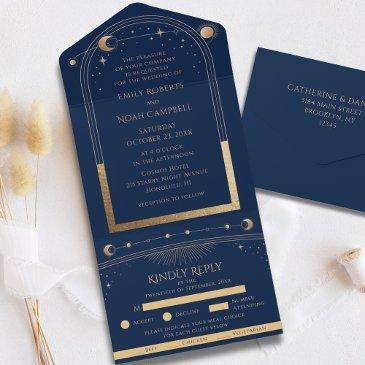 mystical chic blue gold star moon astronomy space all in one invitation
