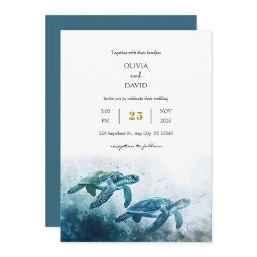 mystical moonlight blue sea turtle love wedding invitation