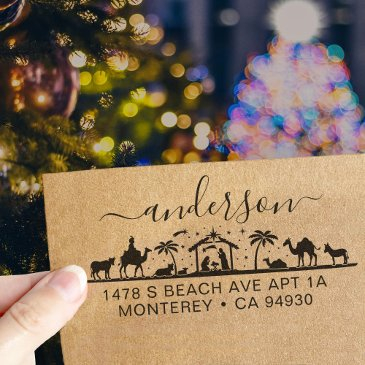 nativity scene jesus christ bible return address self-inking stamp