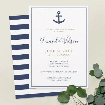 nautical anchor blue white gold bridal shower invitation