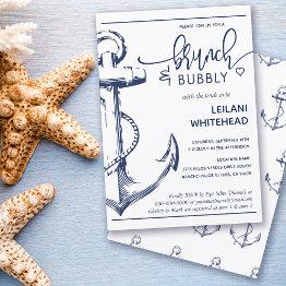 Small Nautical Anchor Brunch Bubbly Bridal Shower White Invitation Front View