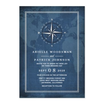 nautical navy blue & white vintage compass wedding invitation