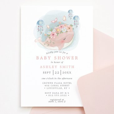 nautical pink whale jellyfish girl baby shower invitation