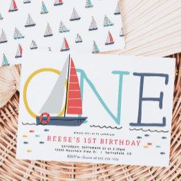 Small Nautical Sailboat 1st Birthday Invitation Front View