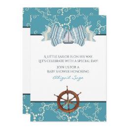 Small Nautical Sailboat And Boat Wheel Baby Shower Invitation Front View