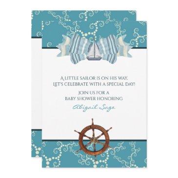 nautical sailboat and boat wheel baby shower invitation