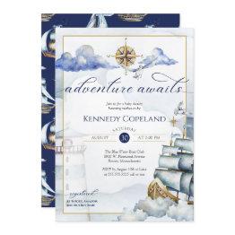 Small Nautical Sailing Ship New Adventure Baby Shower In Invitation Front View