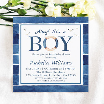nautical watercolor navy blue boy baby shower invitation