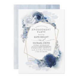 Small Navy And Dusty Blue Floral Modern Engagement Party Invitation Front View