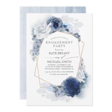 navy and dusty blue floral modern engagement party invitation