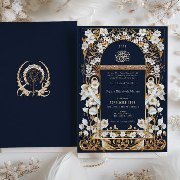 navy blue and antique gold floral islamic wedding invitation