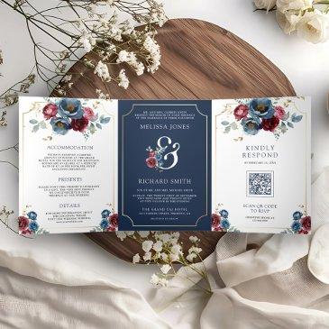 navy blue and burgundy floral ampersand wedding tri-fold invitation