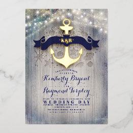 Small Navy Blue And Gold Anchor Rustic Beach Wedding Foil Invitation Front View