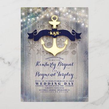 navy blue and gold anchor rustic beach wedding foil invitation