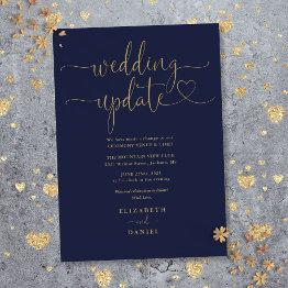 Small Navy Blue And Gold Heart Script Wedding Update Invitation Front View