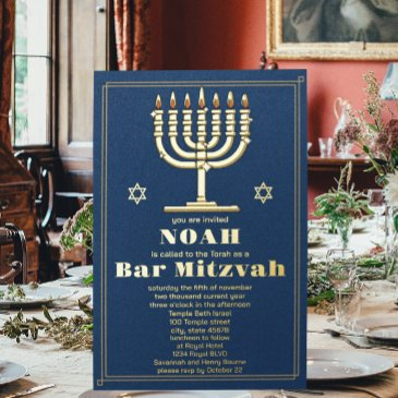 navy blue and gold star of david bar mitzvah foil invitation