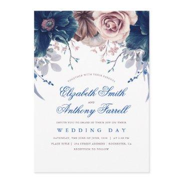 navy blue and mauve watercolor floral wedding invitation