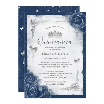 navy blue and silver rose elegant quinceanera invitation