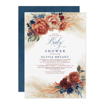 navy blue and terracotta floral boho baby shower invitation