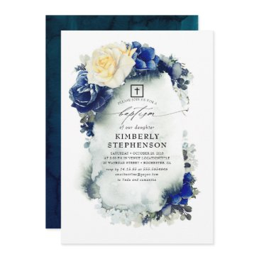 navy blue and yellow floral elegant baptism invitation