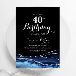 Small Navy Blue Black Silver Agate 40th Birthday Invitation Front View