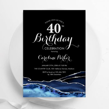 navy blue black silver agate 40th birthday invitation