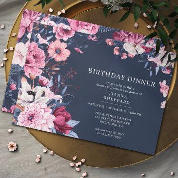 navy blue blush pink | chic floral birthday dinner invitation