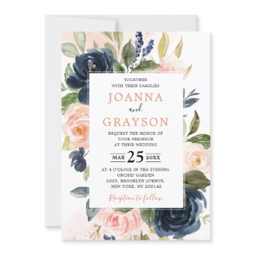 navy blue blush pink rose boho geometric wedding invitation