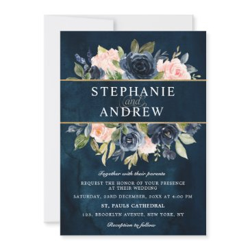 navy blue blush pink rose boho wedding invitation