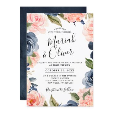 navy blue blush pink rose boho wedding invitation