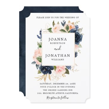 navy blue blush pink rose boho wedding invitation