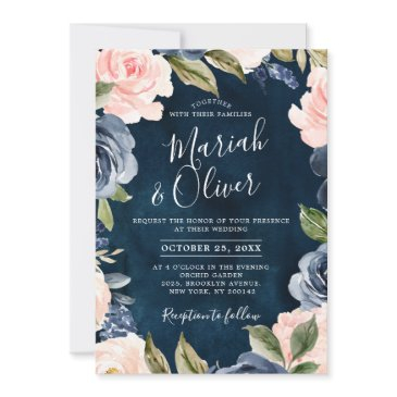 navy blue blush pink rose gold boho wedding invitation