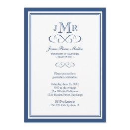 Small Navy Blue Border Frame Classy Monogram Graduation Invitation Front View
