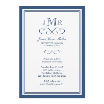 navy blue border frame classy monogram graduation invitation