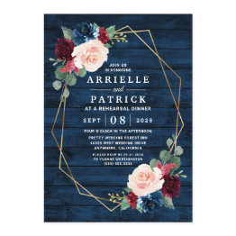 Small Navy Blue Burgundy Gold Blush Rehearsal Dinner Invitation Front View