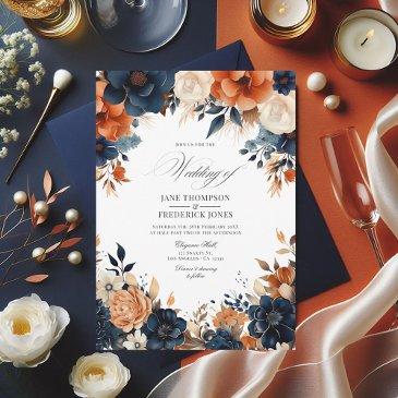 navy blue, burnt orange, and champagne wedding invitation