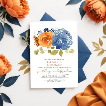 navy blue burnt orange terracotta floral wedding invitation