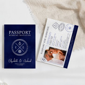 navy blue cruise passport destination wedding invitation