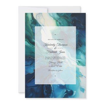 navy blue, emerald green and silver ink wedding invitation