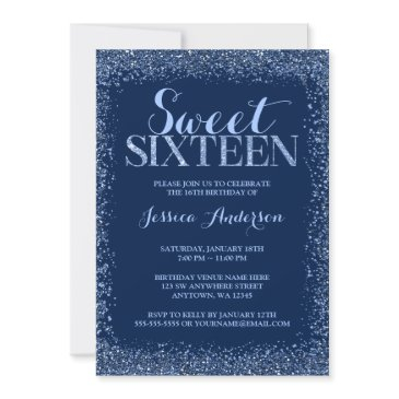 navy blue faux glitter sweet 16 birthday invitation