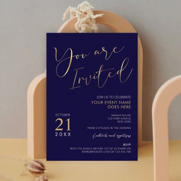 navy blue & faux gold script logo corporate event invitation