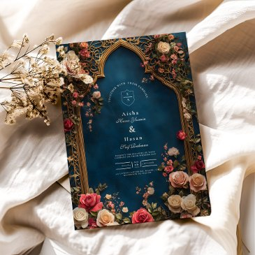 navy blue floral islamic wedding invitation