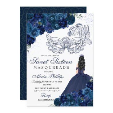 navy blue floral masquerade sweet 16 invitation