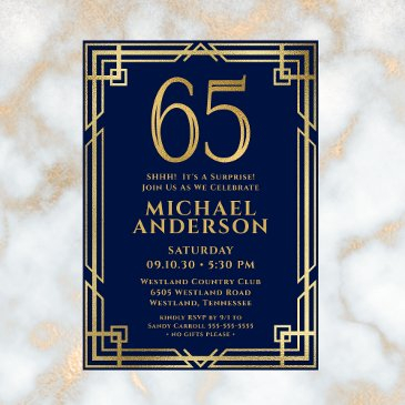navy blue gold 65th birthday photo surprise party invitation