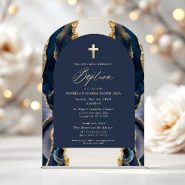 Small Navy Blue Gold Agate Baptism Modern Elegant Acrylic Invitations Front View